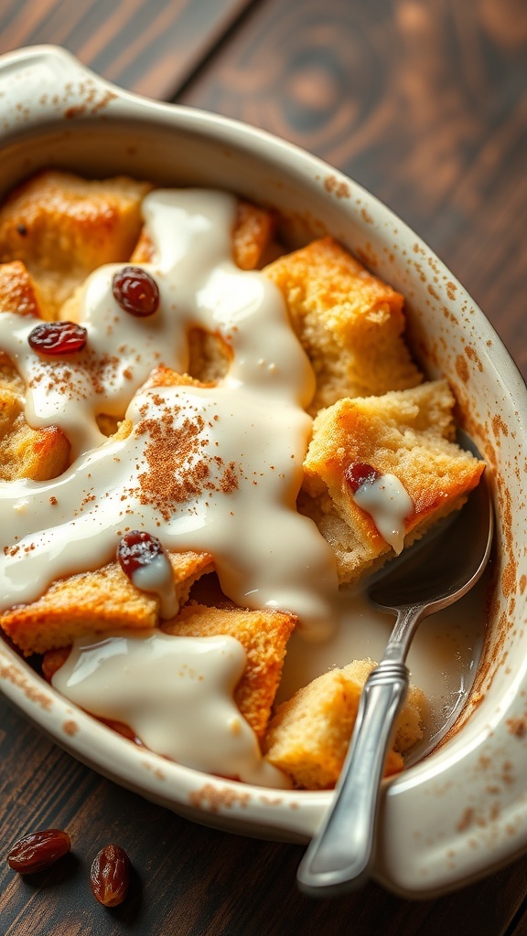 Warm bread pudding with vanilla sauce, garnished with cinnamon, served in a rustic dish.
